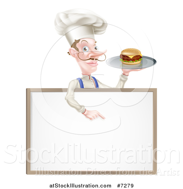 Vector Illustration of a White Male Chef with a Curling Mustache, Holding a Cheeseburger on a Platter and Pointing down over a Blank Menu Sign Board