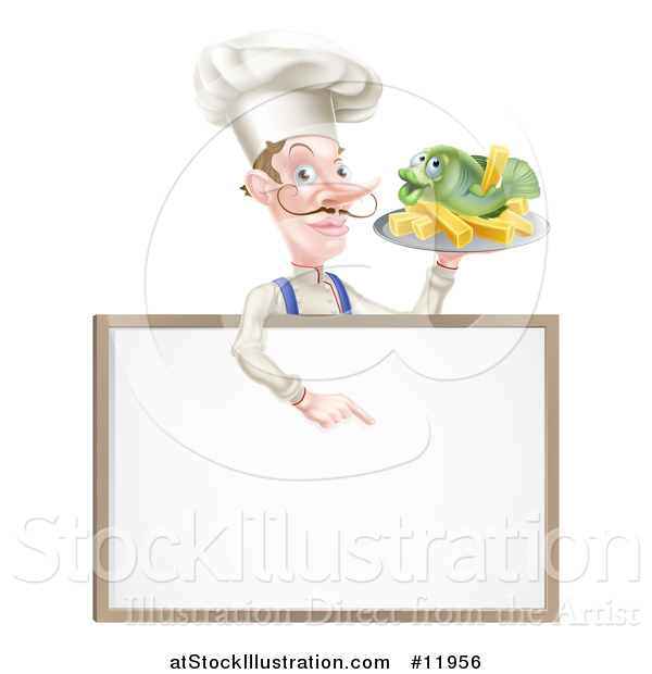 Vector Illustration of a White Male Chef with a Curling Mustache, Holding a Fish and Chips on a Tray and Pointing down over a Menu