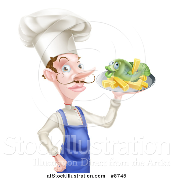 Vector Illustration of a White Male Chef with a Curling Mustache, Holding a Fish and Chips on a Tray