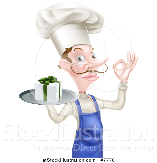 Vector Illustration of a White Male Chef with a Curling Mustache, Holding a Gift on a Platter and Gesturing Ok