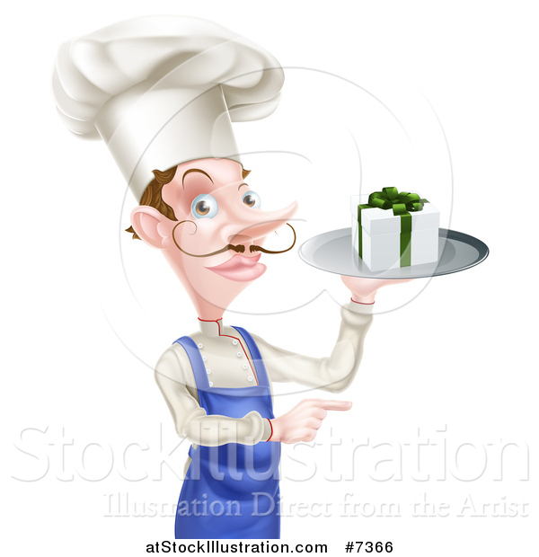 Vector Illustration of a White Male Chef with a Curling Mustache, Holding a Gift on a Platter and Pointing