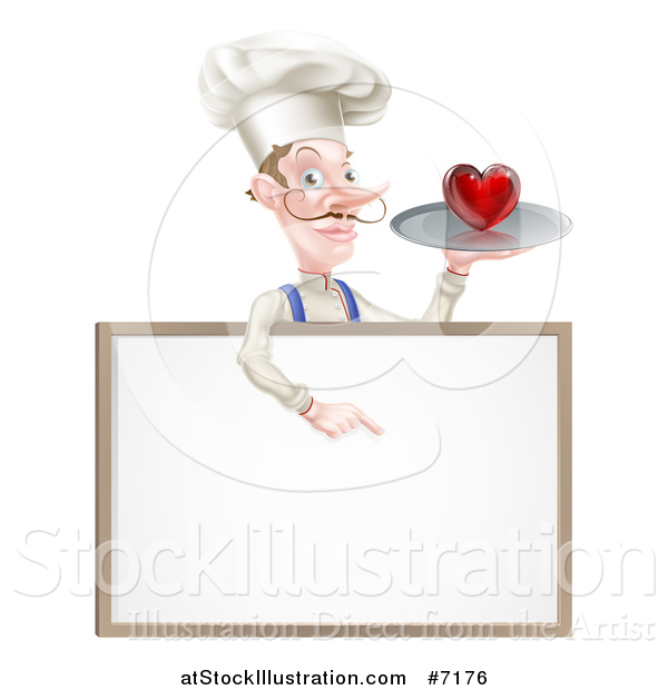 Vector Illustration of a White Male Chef with a Curling Mustache, Holding a Heart on a Platter and Pointing down over a White Sign