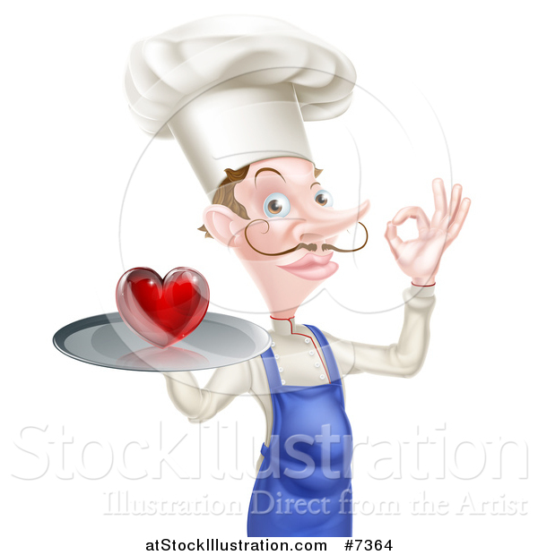 Vector Illustration of a White Male Chef with a Curling Mustache, Holding a Heart on a Tray and Gesturing Ok