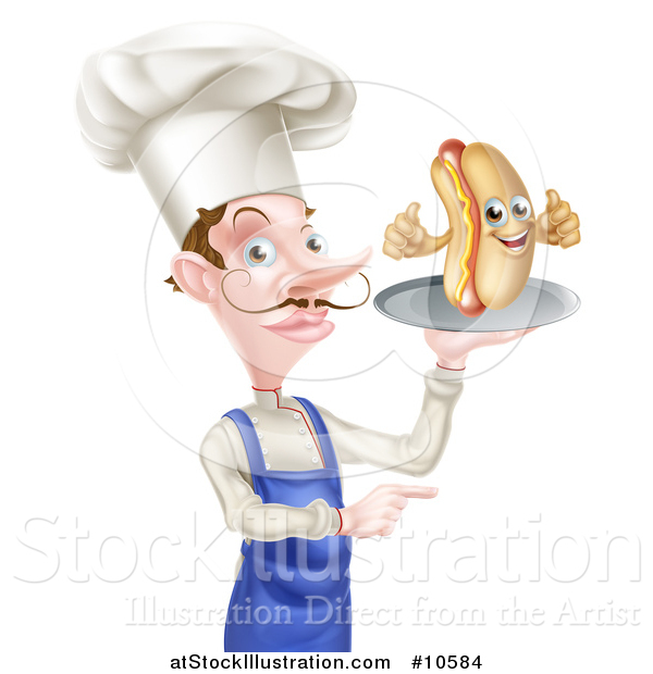 Vector Illustration of a White Male Chef with a Curling Mustache, Holding a Hot Dog Character on a Platter and Pointing