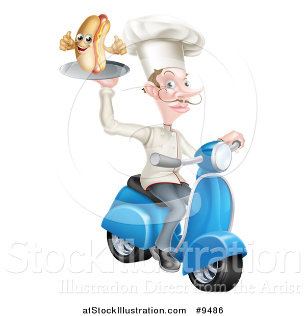 Vector Illustration of a White Male Chef with a Curling Mustache, Holding a Hot Dog on a Scooter