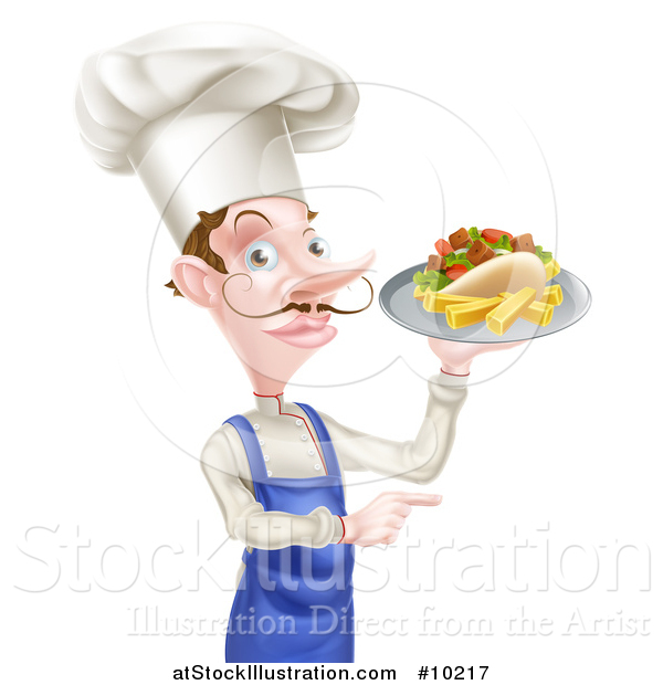 Vector Illustration of a White Male Chef with a Curling Mustache, Holding a Souvlaki Kebab Sandwich and French Fries on a Tray and Pointing