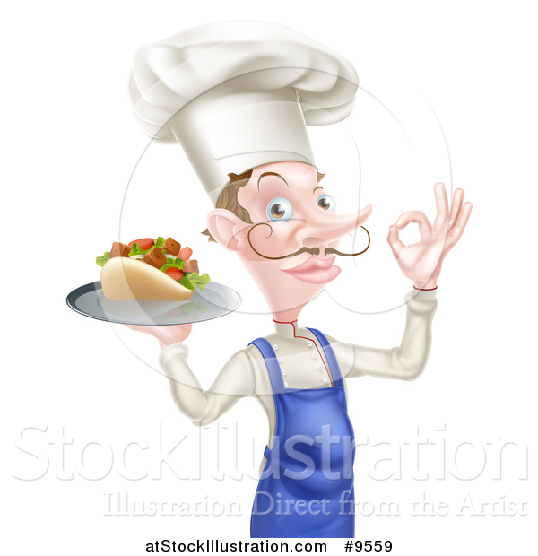 Vector Illustration of a White Male Chef with a Curling Mustache, Holding a Souvlaki Kebab Sandwich on a Tray and Gesturing Ok or Perfect