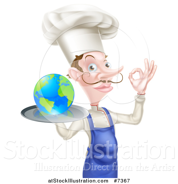 Vector Illustration of a White Male Chef with a Curling Mustache, Holding Earth on a Platter and Gesturing Ok