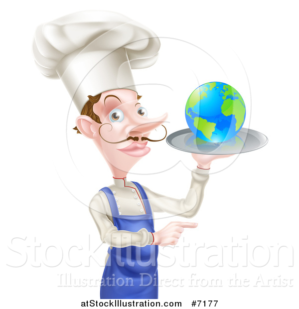 Vector Illustration of a White Male Chef with a Curling Mustache, Holding Earth on a Platter and Pointing