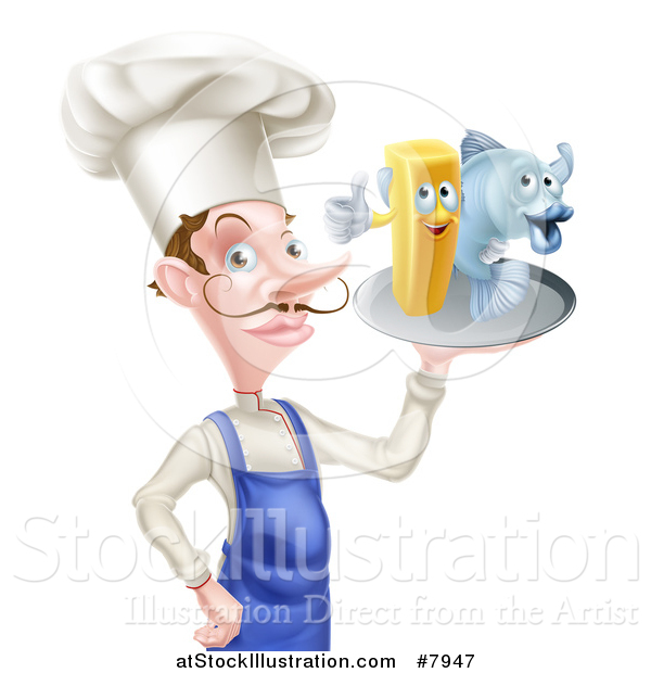 Vector Illustration of a White Male Chef with a Curling Mustache, Holding Fish and a French Fry Character on a Tray