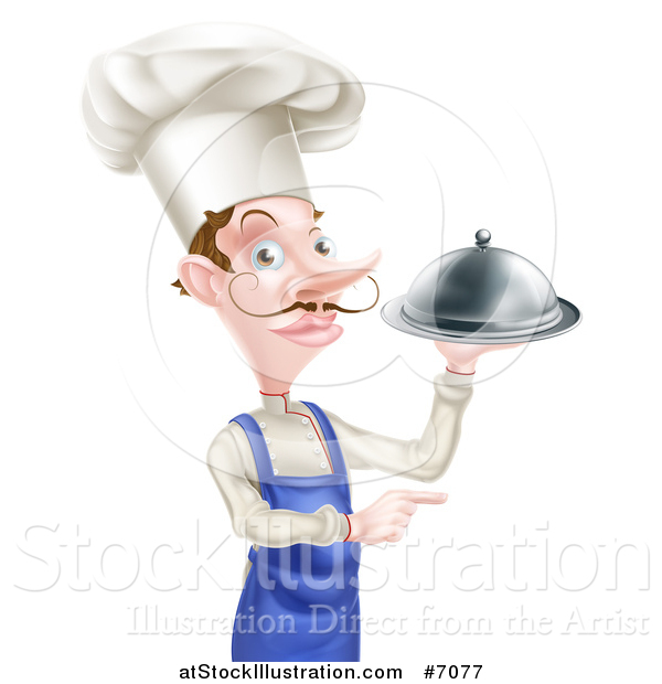 Vector Illustration of a White Male Chef with a Curling Mustache, Pointing and Holding a Cloche Platter