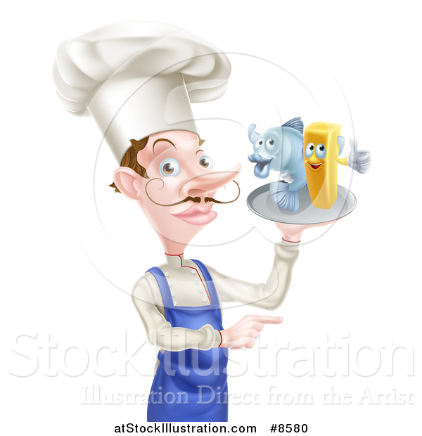 Vector Illustration of a White Male Chef with a Curling Mustache, Pointing and Holding a Fish and Chips on a Tray