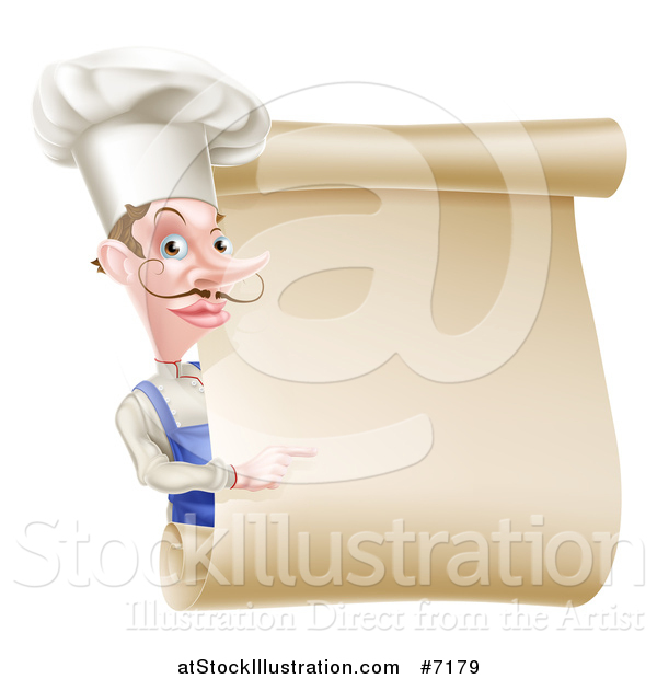 Vector Illustration of a White Male Chef with a Curling Mustache, Pointing Around a Blank Menu Scroll