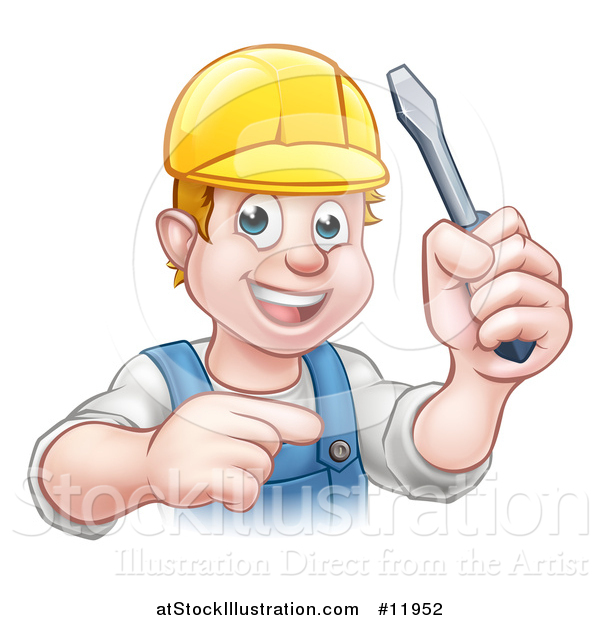 Vector Illustration of a White Male Electrician Holding up a Screwdriver and Pointing