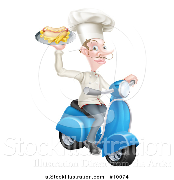 Vector Illustration of a White Male French Chef with a Curling Mustache, Holding a Hot Dog and Fries on a Tray and Driving a Scooter