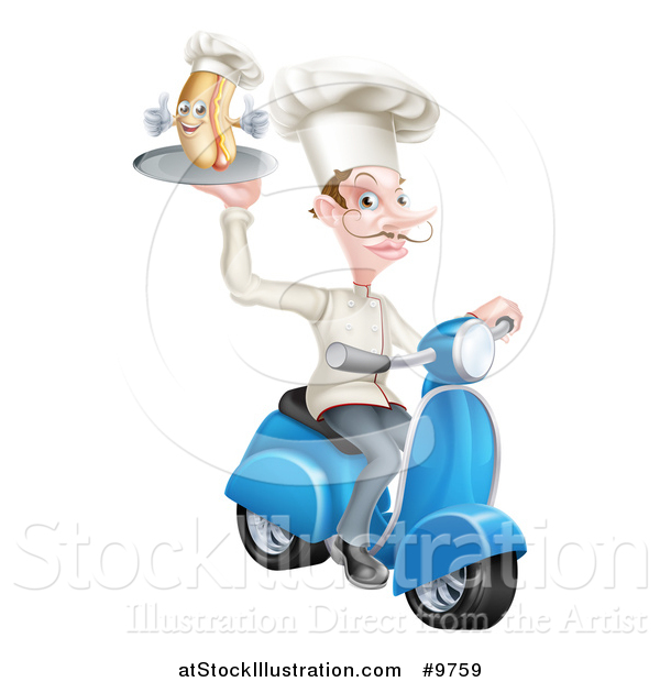 Vector Illustration of a White Male French Chef with a Curling Mustache, Holding a Hot Dog on a Scooter