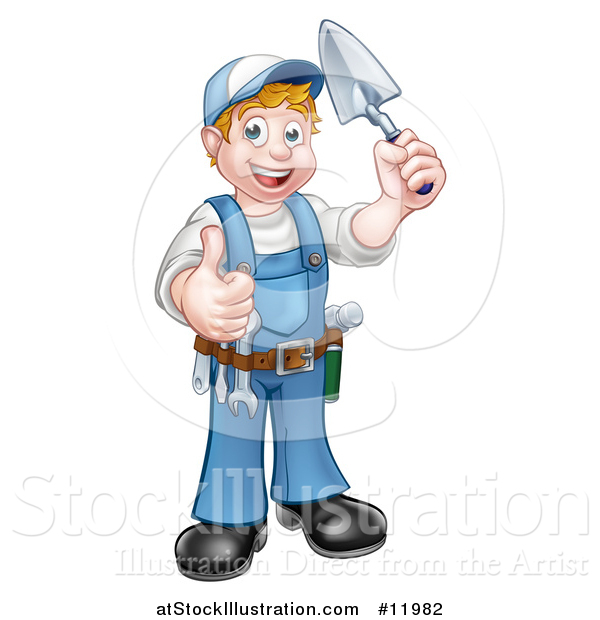 Vector Illustration of a White Male Mason Worker Holding a Trowel and Giving a Thumb up
