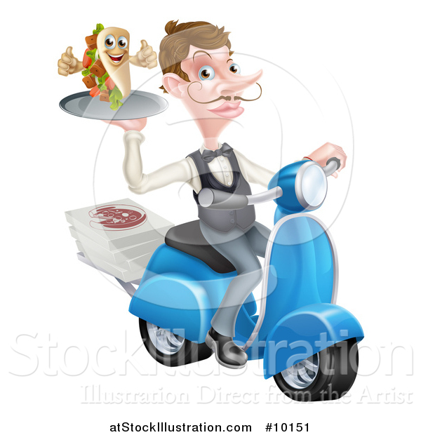 Vector Illustration of a White Male Waiter Holding a Souvlaki Kebab Sandwich on a Scooter