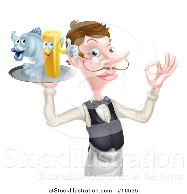 Vector Illustration of a White Male Waiter or Butler with a Curling Mustache, Holding Fish and a Chips on a Tray and Gesturing Ok