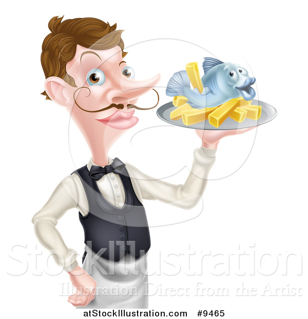 Vector Illustration of a White Male Waiter or Butler with a Curling Mustache, Holding Fish and a Chips on a Tray and Pointing
