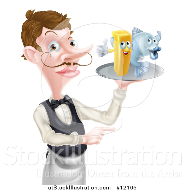 Vector Illustration of a White Male Waiter Pointing and Holding Fish and a Chips on a Tray