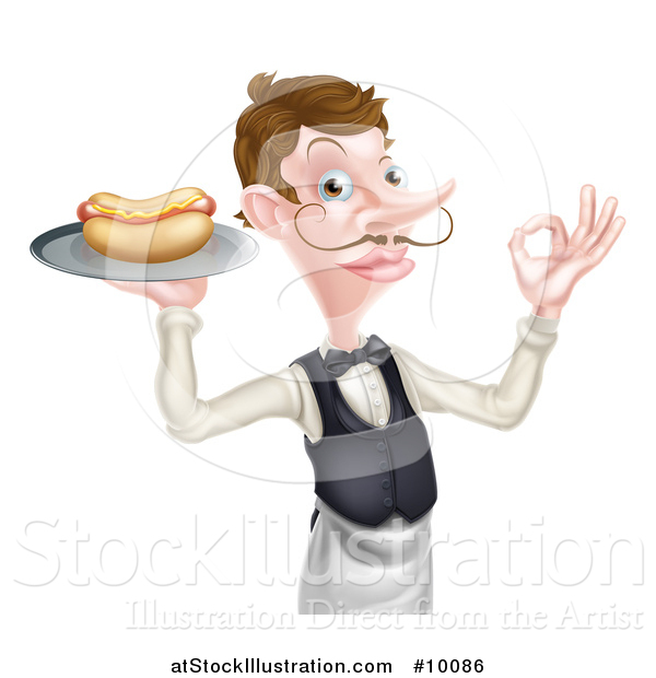 Vector Illustration of a White Male Waiter with a Curling Mustache, Holding a Hot Dog on a Platter and Gesturing Ok