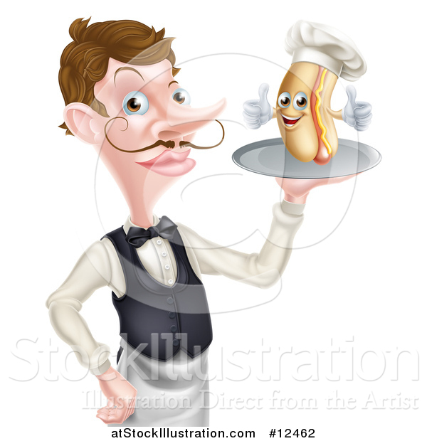 Vector Illustration of a White Male Waiter with a Curling Mustache, Holding a Hot Dog on a Platter