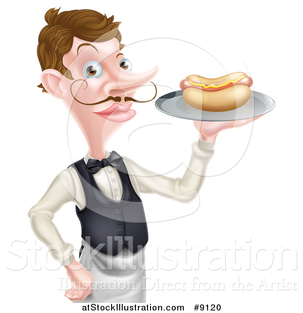 Vector Illustration of a White Male Waiter with a Curling Mustache, Holding a Hot Dog on a Platter