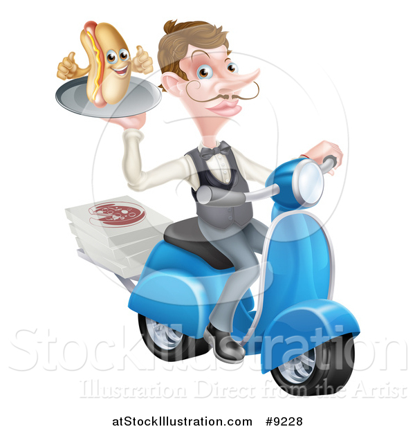 Vector Illustration of a White Male Waiter with a Curling Mustache, Holding a Hot Dog on a Scooter, with Pizza Boxes