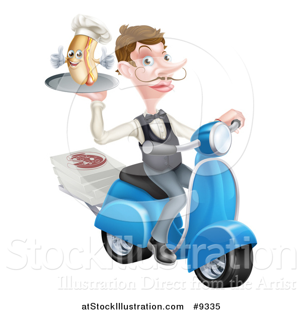 Vector Illustration of a White Male Waiter with a Curling Mustache, Holding a Hot Dog on a Scooter, with Pizza Boxes