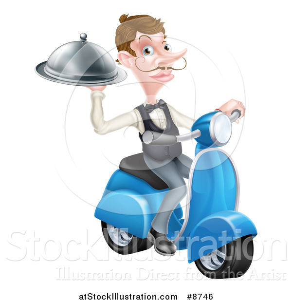 Vector Illustration of a White Male Waiter with a Curling Mustache, Holding a Platter on a Delivery Scooter