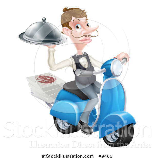 Vector Illustration of a White Male Waiter with a Curling Mustache, Holding a Platter on a Delivery Scooter, with Pizza Boxes