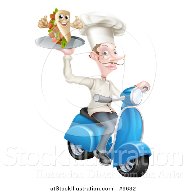 Vector Illustration of a White Male Waiter with a Curling Mustache, Holding a Souvlaki Kebab Sandwich Giving Thumbs up and Riding a Scooter
