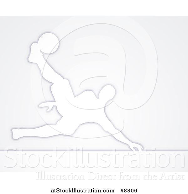 Vector Illustration of a White Silhouetted Male Soccer Player Diving to Kick a Ball, over Gray