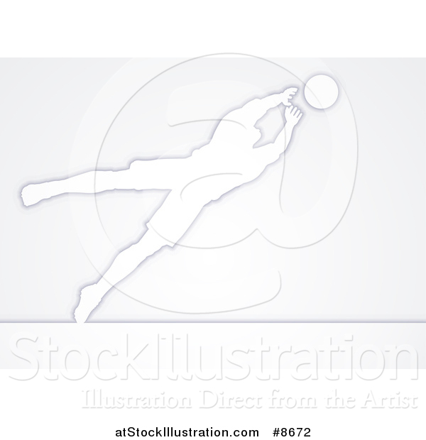 Vector Illustration of a White Silhouetted Male Soccer Player Goal Keeper in Action, over Gray