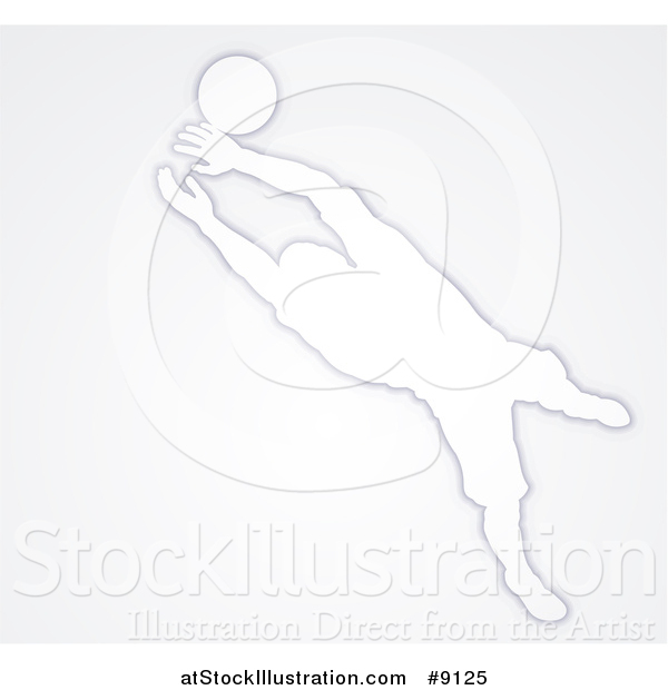 Vector Illustration of a White Silhouetted Male Soccer Player Goal Keeper in Action, over Gray