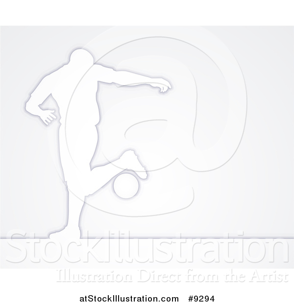 Vector Illustration of a White Silhouetted Male Soccer Player in Action, Controlling the Ball, over Gray