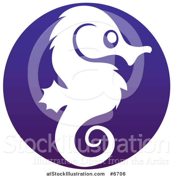 Vector Illustration of a White Silhouetted Seahorse in Profile Inside a Dark Blue Circle