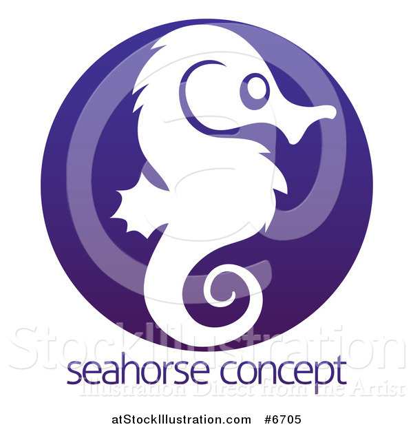 Vector Illustration of a White Silhouetted Seahorse in Profile Inside a Dark Blue Circle over Sample Text