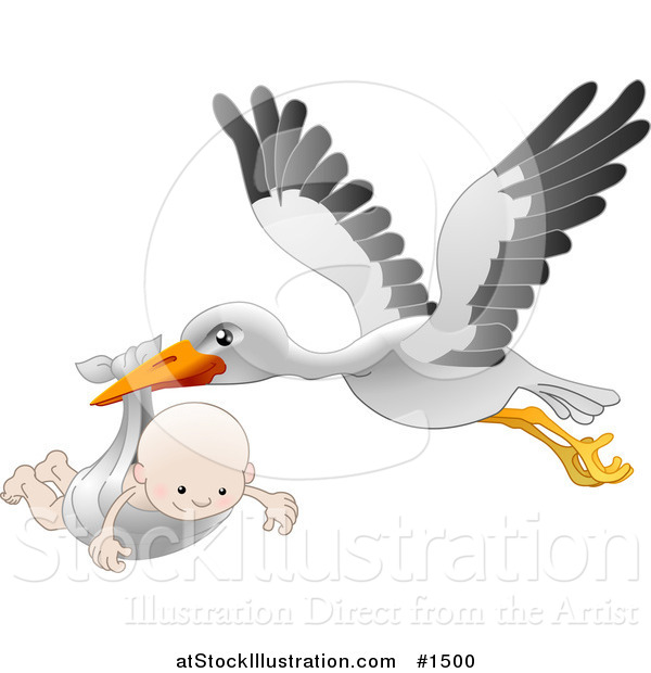Vector Illustration of a White Stork with Black Tipped Wings, Flying with a Happy Baby in a Cloth