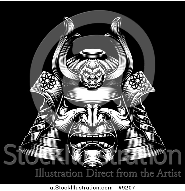 Vector Illustration of a White Woodcut or Engraved Samurai Mask on Black