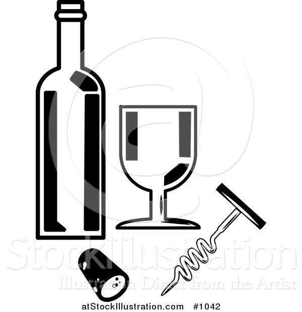 Vector Illustration of a Wine Bottle, Goblet, Cork and Cork Screw