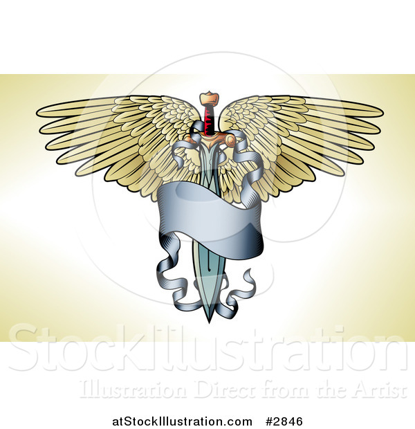 Vector Illustration of a Winged Sword with a Long Blue Banner Tattoo Design