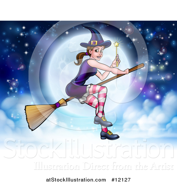 Vector Illustration of a Witch Holding a Magic Wand and Flying on a Broomstick over a Full Moon