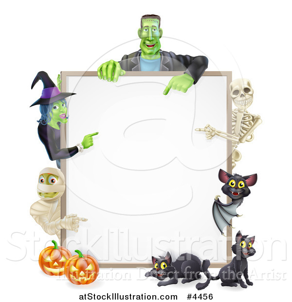 Vector Illustration of a Witch Skeleton Mummy Bat and Frankenstein Pointing to a White Board Sign over Pumpkins and Black Cats