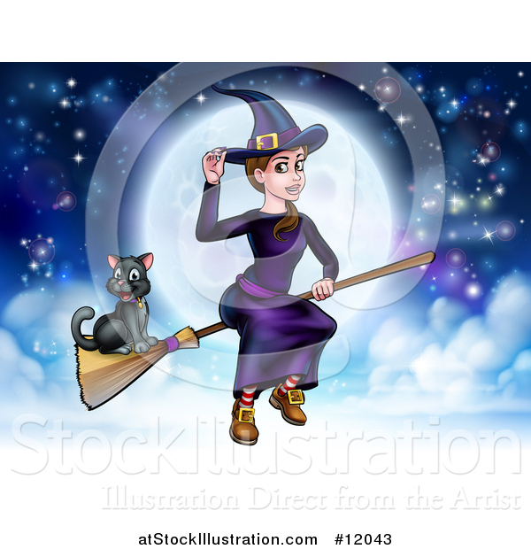 Vector Illustration of a Witch Tipping Her Hat and Flying on a Broomstick over a Full Moon with Her Cat