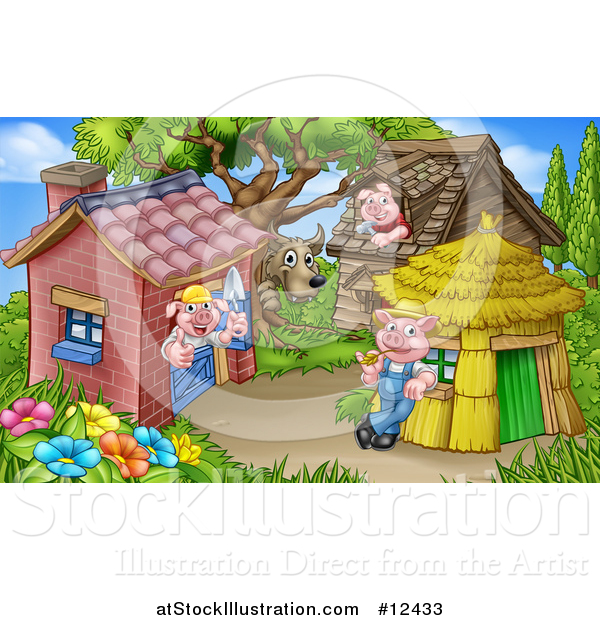 Vector Illustration of a Wolf and Piggies from the Three Little Pigs Fairy Tale, at Their Brick, Wood and Straw Houses