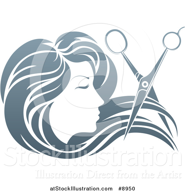 Vector Illustration of a Woman's Head in Profile, with Long Hair and Scissors Snipping off a Lock