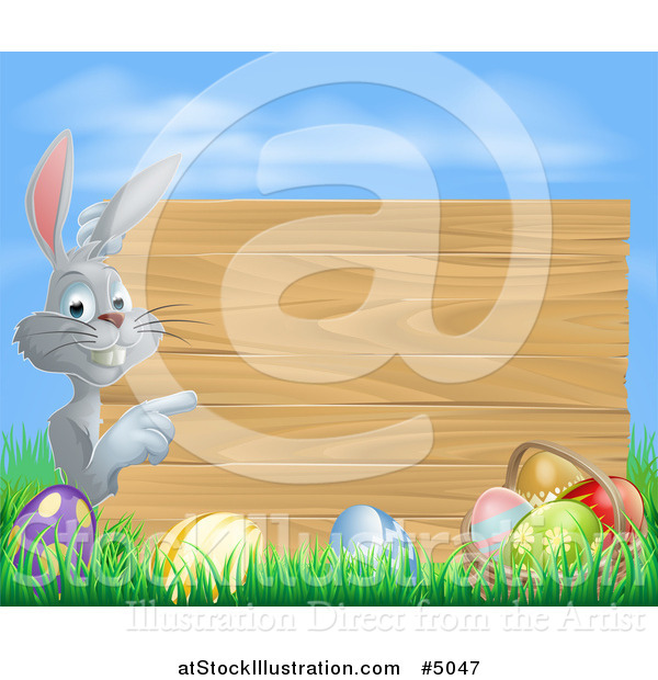 Vector Illustration of a Wood Sign Easter Bunny with Eggs Grass and Sky