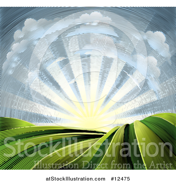 Vector Illustration of a Woodcut Cloud and Sunrise Sky over Farmland